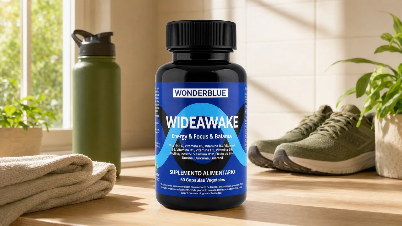 Suplementos de energía y rendimiento junto a una botella de agua y zapatillas deportivas
