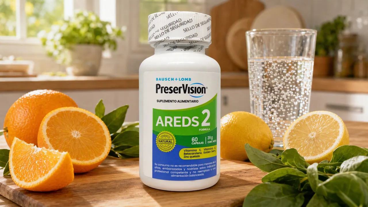 Vitaminas junto a cítricos y un vaso de agua